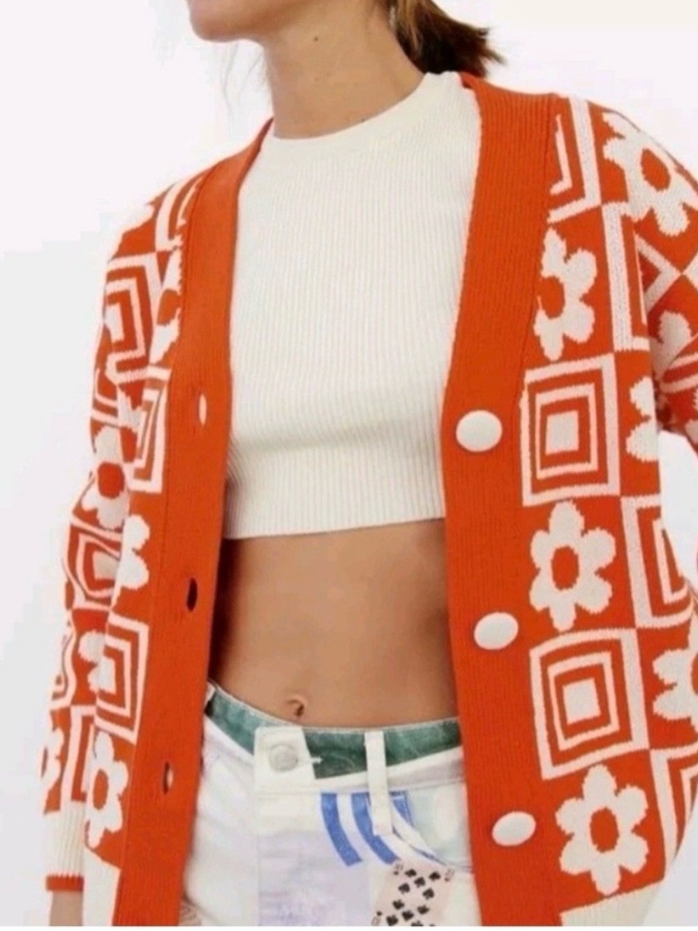 Zara Orange and White Floral Geometric Button Cardigan
